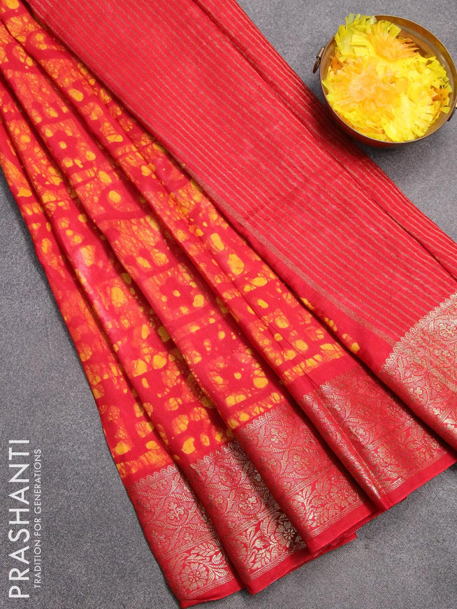 Semi dola saree red and yellow with allover batik prints and kanjivaram style border - {{ collection.title }} by Prashanti Sarees