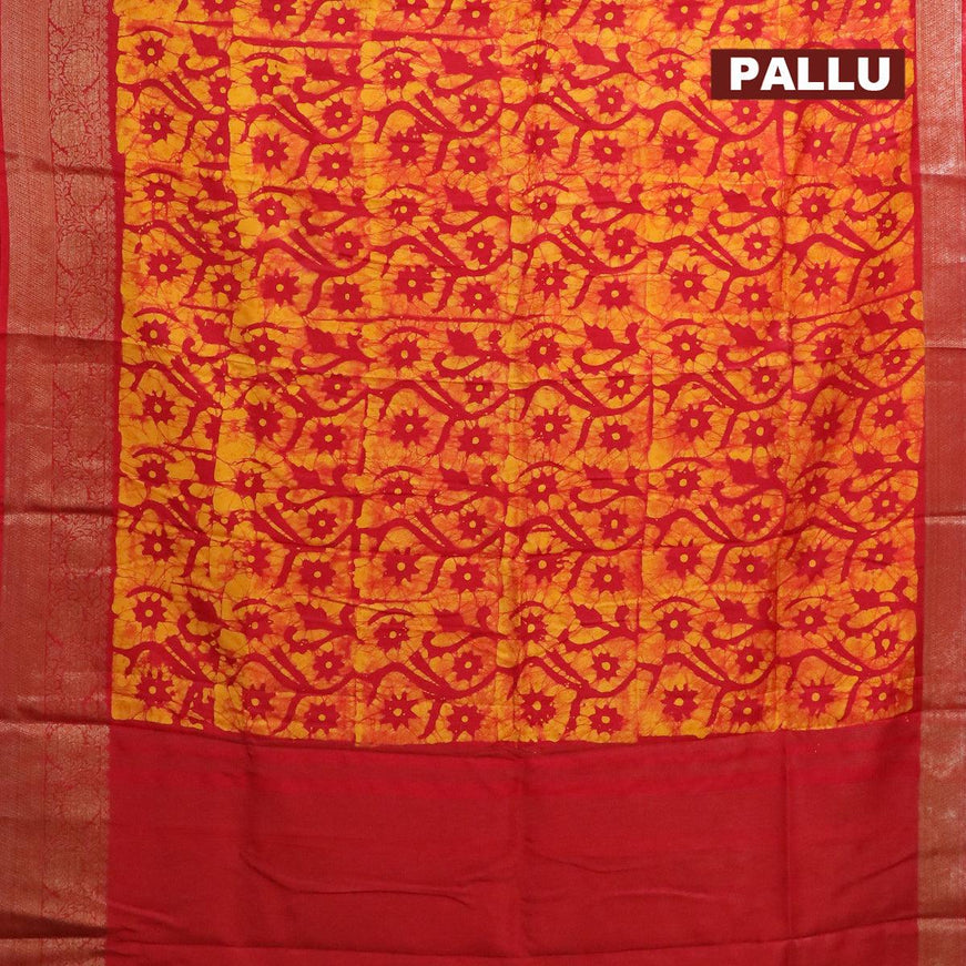 Semi dola saree red and yellow with allover batik prints and kanjivaram style border - {{ collection.title }} by Prashanti Sarees