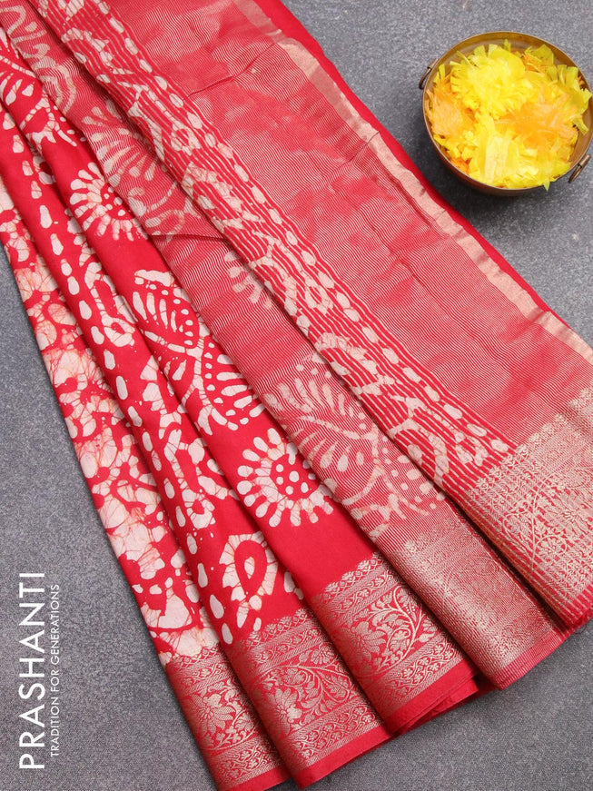 Semi dola saree red with allover batik prints and kanjivaram style border - {{ collection.title }} by Prashanti Sarees