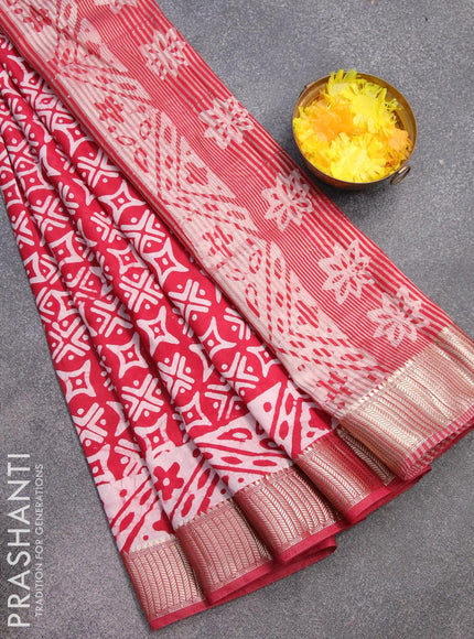 Semi gadwal saree red and off white with allover batik prints and zari woven border - {{ collection.title }} by Prashanti Sarees