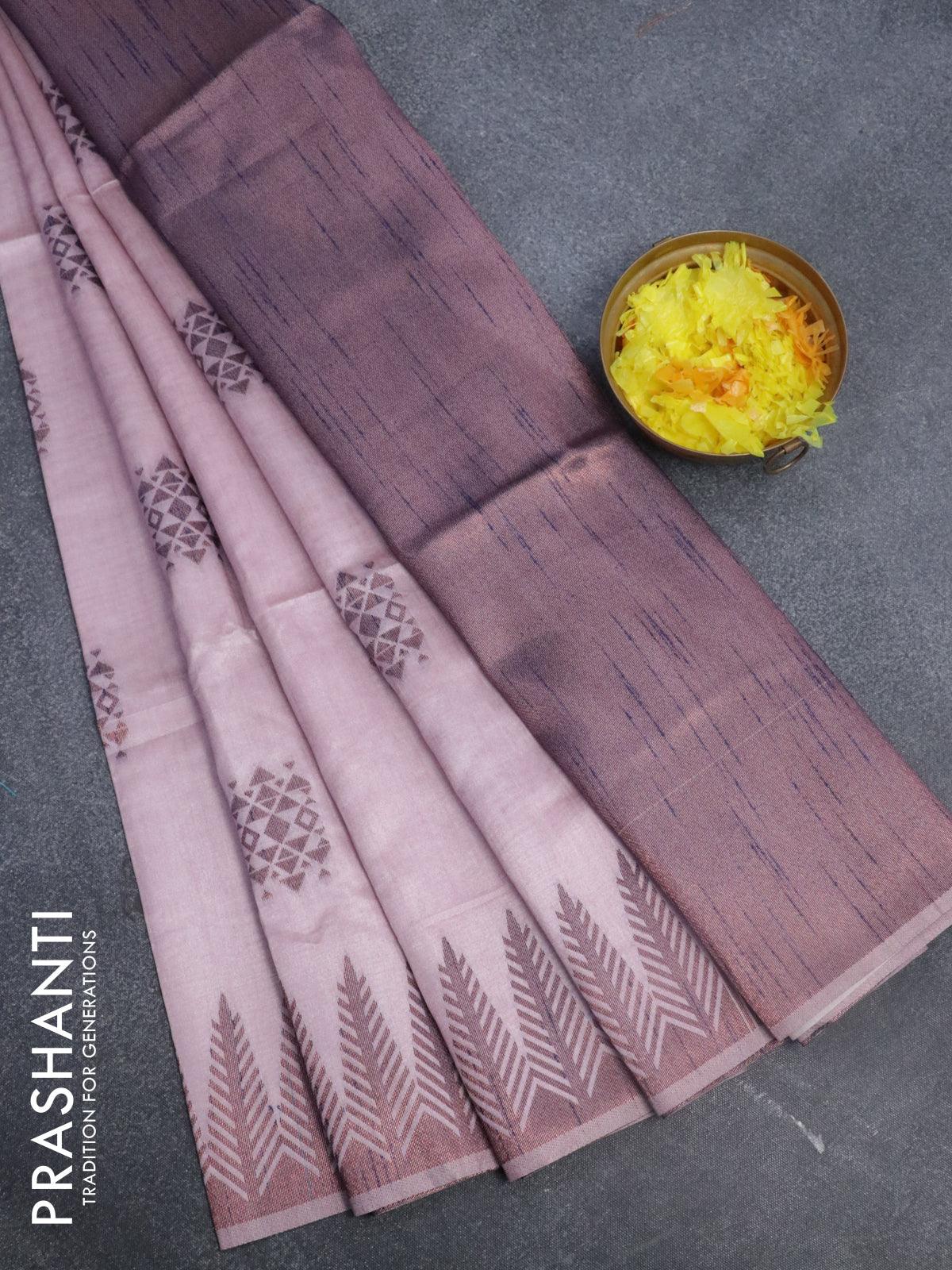 Semi jute silk saree peach pink and pastel pink with allover prints & –  Prashanti Sarees