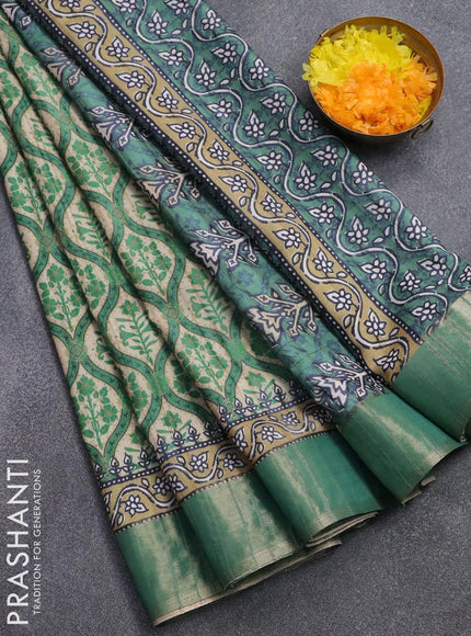 Semi matka saree beige and green with allover prints and zari woven border - {{ collection.title }} by Prashanti Sarees