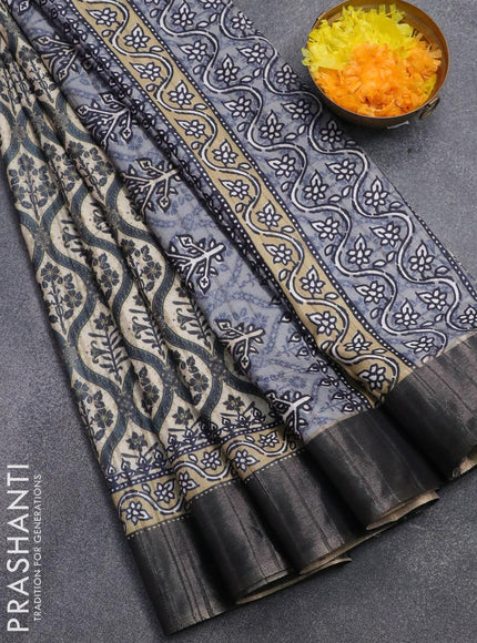 Semi matka saree beige and grey with allover prints and zari woven border - {{ collection.title }} by Prashanti Sarees