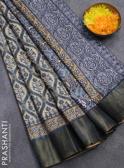 Semi matka saree beige and greyish blue with allover prints and zari woven border - {{ collection.title }} by Prashanti Sarees