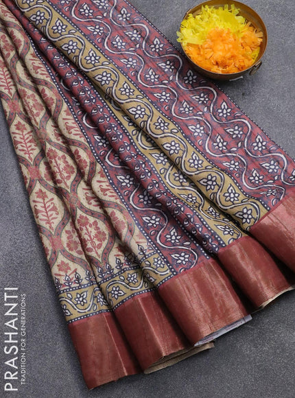 Semi matka saree beige and pastel maroon shade with allover prints and zari woven border - {{ collection.title }} by Prashanti Sarees