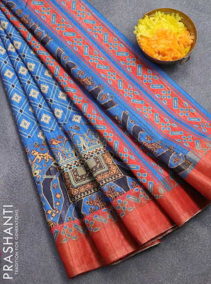 Semi matka saree blue and red with allover kalamkari prints and zari woven border - {{ collection.title }} by Prashanti Sarees