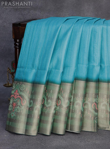 Semi matka saree cs blue and sap green shade with plain body and zari woven ikat style border - {{ collection.title }} by Prashanti Sarees