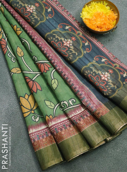 Semi matka saree green and mauve pink with allover floral prints and zari woven border - {{ collection.title }} by Prashanti Sarees