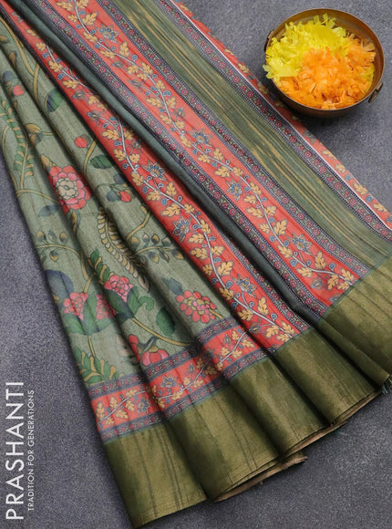 Semi matka saree green shade and orange with allover kalamkari prints and zari woven border - {{ collection.title }} by Prashanti Sarees