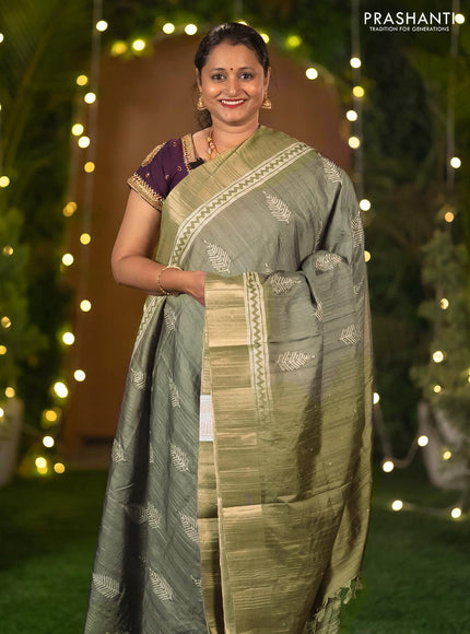 Semi matka saree grey and green shade with leaf butta prints & french knot work and zari woven border - {{ collection.title }} by Prashanti Sarees