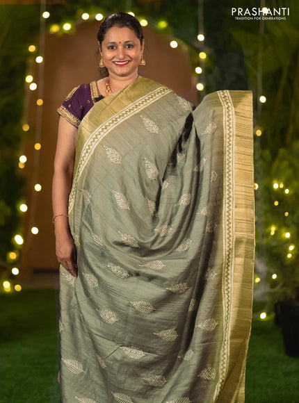 Semi matka saree grey and green shade with leaf butta prints & french knot work and zari woven border - {{ collection.title }} by Prashanti Sarees