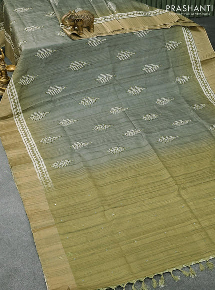 Semi matka saree grey and green shade with leaf butta prints & french knot work and zari woven border - {{ collection.title }} by Prashanti Sarees