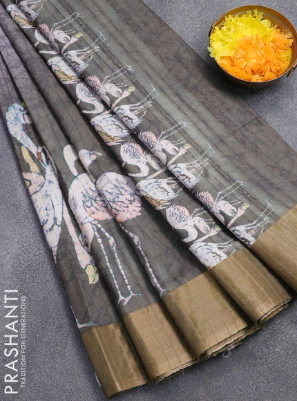 Semi matka saree grey and green shade with swaan prints and zari woven border - {{ collection.title }} by Prashanti Sarees