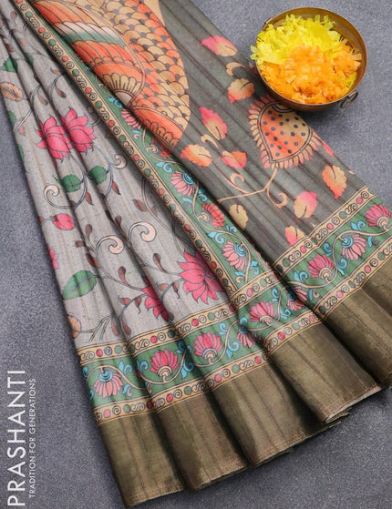 Semi matka saree grey and green with allover floral prints and zari woven border - {{ collection.title }} by Prashanti Sarees