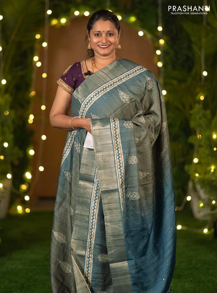 Semi matka saree grey shade and blue with leaf butta prints & french knot work and zari woven border - {{ collection.title }} by Prashanti Sarees