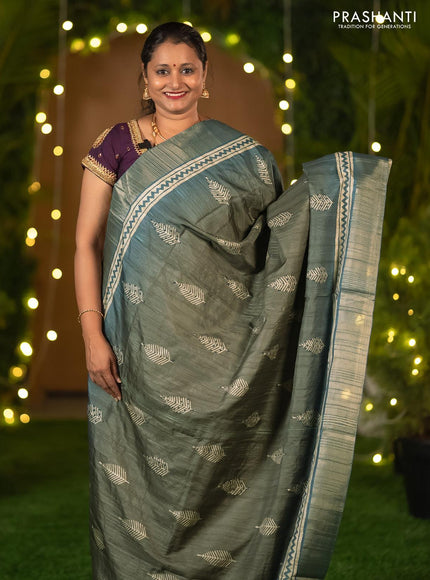 Semi matka saree grey shade and blue with leaf butta prints & french knot work and zari woven border - {{ collection.title }} by Prashanti Sarees