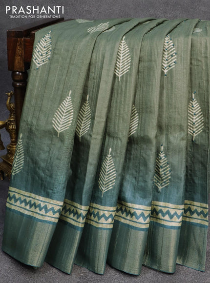 Semi matka saree grey shade and blue with leaf butta prints & french knot work and zari woven border - {{ collection.title }} by Prashanti Sarees