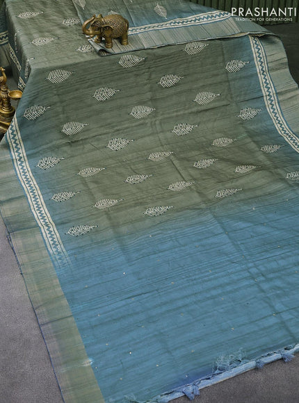 Semi matka saree grey shade and blue with leaf butta prints & french knot work and zari woven border - {{ collection.title }} by Prashanti Sarees