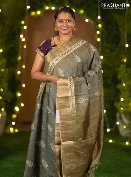 Semi matka saree grey shade and rust shade with leaf butta prints & french knot work and zari woven border - {{ collection.title }} by Prashanti Sarees