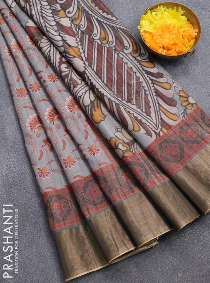 Semi matka saree grey with allover floral prints and zari woven border - {{ collection.title }} by Prashanti Sarees