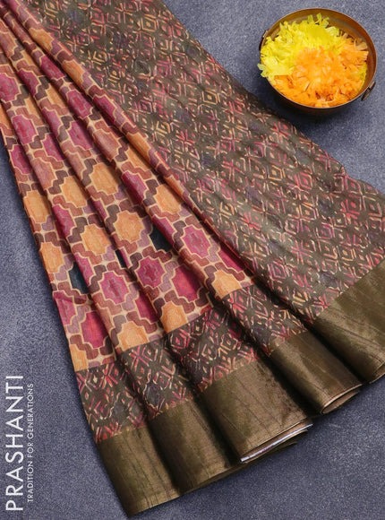 Semi matka saree multi colour and sap green with allover geometric prints and zari woven border - {{ collection.title }} by Prashanti Sarees