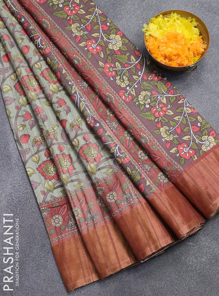 Semi matka saree pastel green and rustic brown with allover kalamkari prints and zari woven border - {{ collection.title }} by Prashanti Sarees