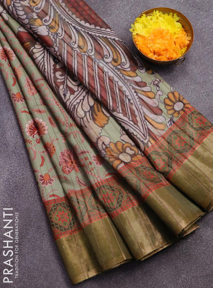 Semi matka saree pastel green shade with allover floral prints and zari woven border - {{ collection.title }} by Prashanti Sarees