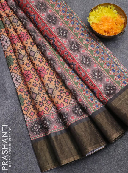 Semi matka saree peach orange and elephant grey with allover ikat prints and zari woven border - {{ collection.title }} by Prashanti Sarees