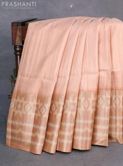 Semi matka saree peach shade and rust shade with plain body and zari woven ikat style border - {{ collection.title }} by Prashanti Sarees