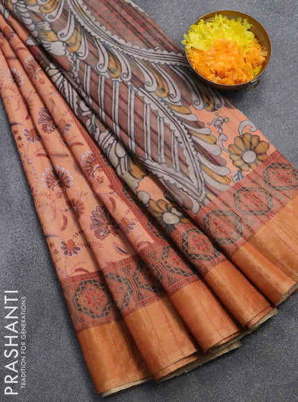 Semi matka saree peach shade with allover floral prints and zari woven border - {{ collection.title }} by Prashanti Sarees