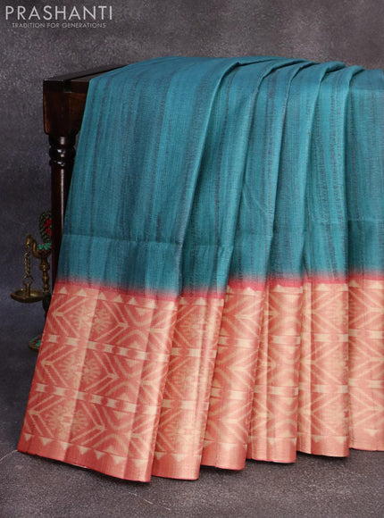 Semi matka saree peacock blue and pink shade with plain body and zari woven ikat style border - {{ collection.title }} by Prashanti Sarees