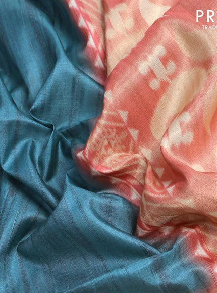 Semi matka saree peacock blue and pink shade with plain body and zari woven ikat style border - {{ collection.title }} by Prashanti Sarees