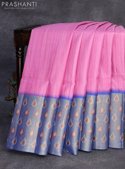 Semi matka saree pink and blue with plain body and zari woven ikat style border - {{ collection.title }} by Prashanti Sarees