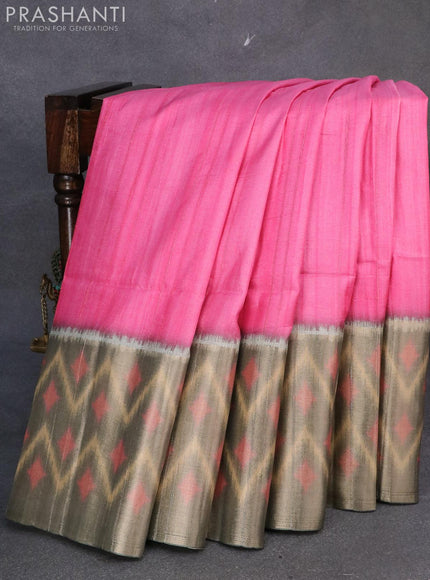 Semi matka saree pink and sap green shade with plain body and zari woven ikat style border - {{ collection.title }} by Prashanti Sarees