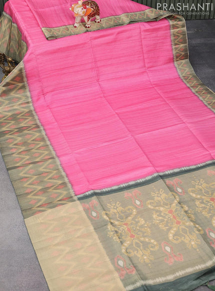 Semi matka saree pink and sap green shade with plain body and zari woven ikat style border - {{ collection.title }} by Prashanti Sarees