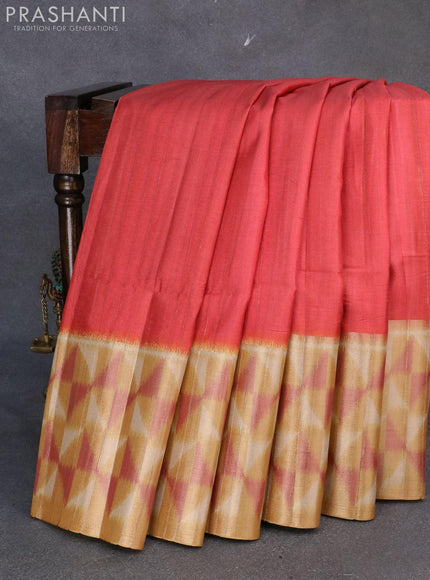 Semi matka saree reddish pink and mustard yellow with plain body and zari woven ikat style border - {{ collection.title }} by Prashanti Sarees