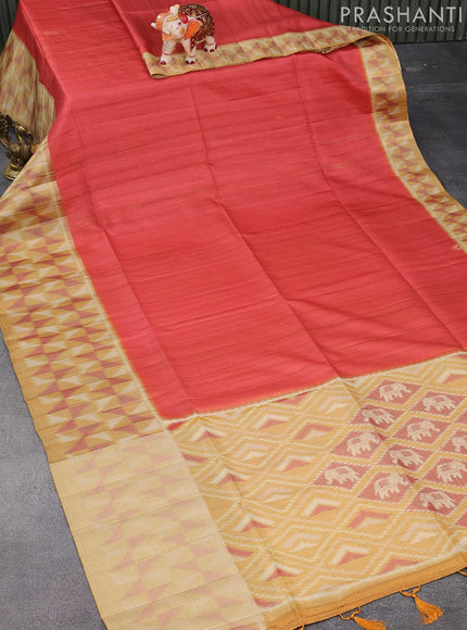 Semi matka saree reddish pink and mustard yellow with plain body and zari woven ikat style border - {{ collection.title }} by Prashanti Sarees