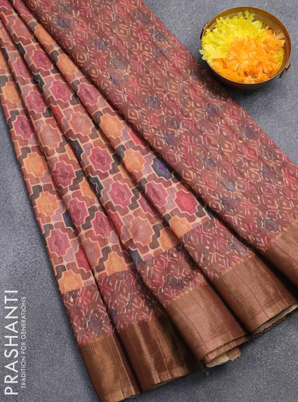 Semi matka saree rust shade and brown with allover geometric prints and zari woven border - {{ collection.title }} by Prashanti Sarees