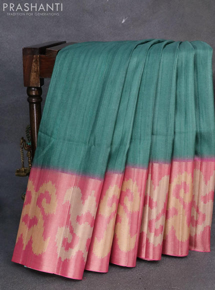 Semi matka saree sap green shade and pink with plain body and zari woven ikat style border - {{ collection.title }} by Prashanti Sarees