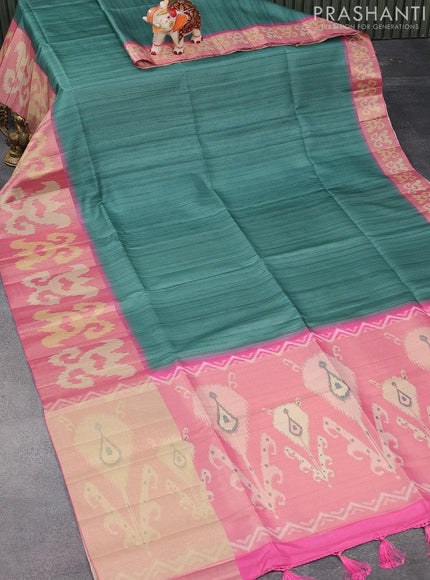 Semi matka saree sap green shade and pink with plain body and zari woven ikat style border - {{ collection.title }} by Prashanti Sarees