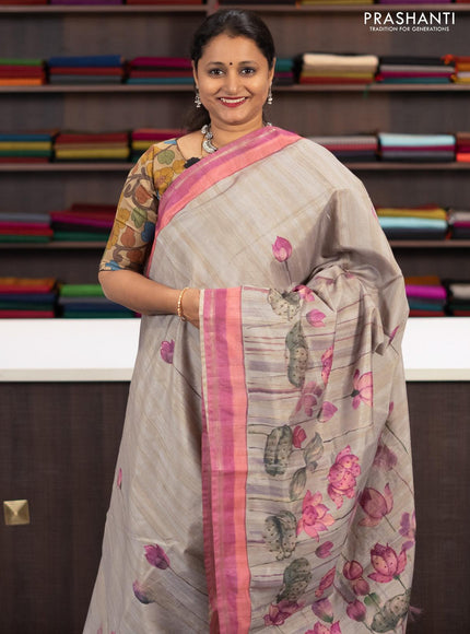 Semi matka saree steel grey and pastel pink with allover pichwai prints & french knot work and simple zari border and - {{ collection.title }} by Prashanti Sarees