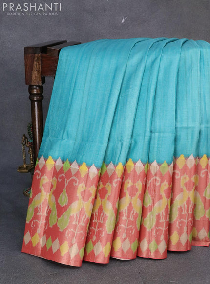 Semi matka saree teal blue shade and red with plain body and zari woven ikat style border - {{ collection.title }} by Prashanti Sarees