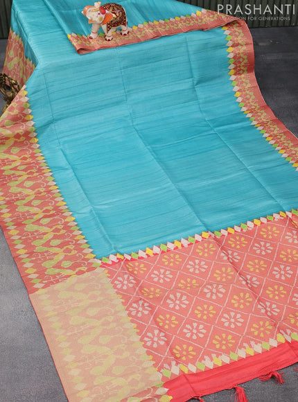 Semi matka saree teal blue shade and red with plain body and zari woven ikat style border - {{ collection.title }} by Prashanti Sarees