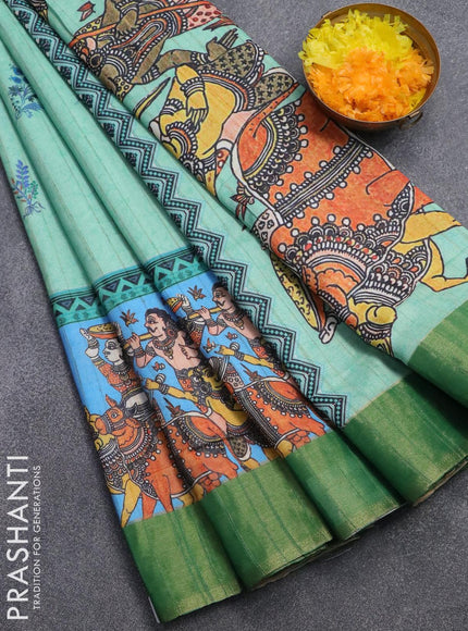 Semi matka saree teal green shade and blue with floral butta prints and zari woven border - {{ collection.title }} by Prashanti Sarees