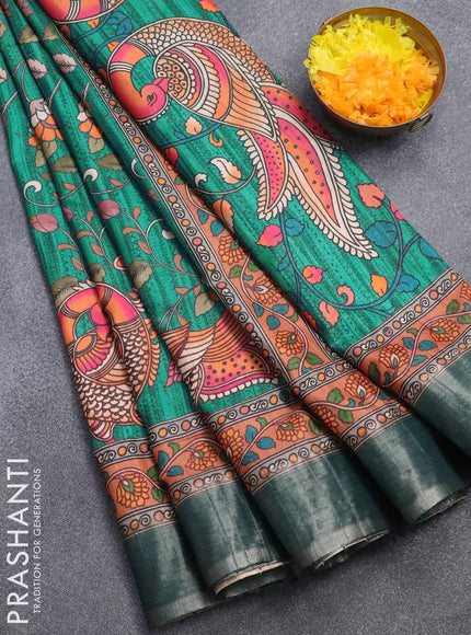 Semi matka saree teal green shade with allover kalamkari prints and zari woven border - {{ collection.title }} by Prashanti Sarees