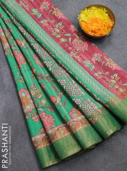 Semi matka saree teal green with allover floral prints and zari woven border - {{ collection.title }} by Prashanti Sarees