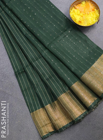 Semi raw silk saree bottle green with allover stripes pattern and sequin work pallu & embroidery work readymade blouse - {{ collection.title }} by Prashanti Sarees