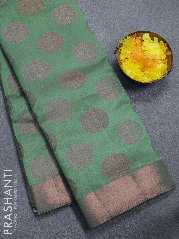 Semi raw silk saree green shade with copper zari woven buttas and copper zari woven border - {{ collection.title }} by Prashanti Sarees