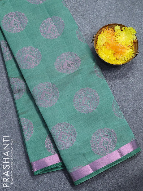 Semi raw silk saree pastel green shade with pink zari woven buttas and pink zari woven border - {{ collection.title }} by Prashanti Sarees