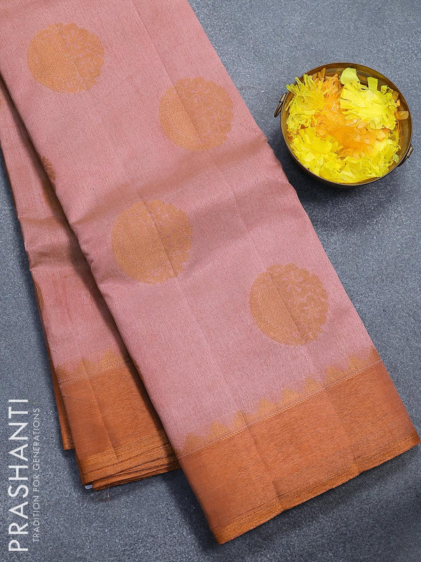 Semi raw silk saree pastel pink with copper zari woven buttas and copper zari woven border - {{ collection.title }} by Prashanti Sarees